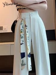 Женские брюки Syimoky White High -талию брюки для женщин весенняя корейская модная пуговица широкая брюки.