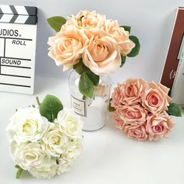 Decorative Flowers 7 Heads Bridal Hand Lettering Rose Bouquet Artificial Flower Fake For Home Wedding Pography Handmade