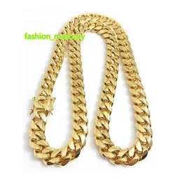 316L Stainless Steel Jewelry 18K Gold Plated High Polished Miami Cuban Link Necklace Men Punk 15mm Curb Chain Double Safety Clasp 18inch-30inch