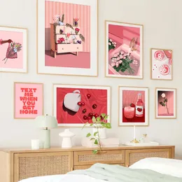 Leinwandgemälde, rosa Rose, Blume, Gänseblümchen, rote Kirsche, Erdbeersaft, Rollschuhe, Poster, Drucke, Wandkunst, Bilder, Wohnzimmer, Mädchenschlafzimmer, Heimdekoration, ohne Rahmen, Wo6