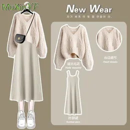 Two Piece Dres 2023 Autumn Winter Fashion Vneck tröja stickad klänning Koreansk elegant toppkjol Matchande Set Female Suit 230830