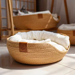 kennels pens Yokee Pet Cat Mat Dog Bed Sofa Handmade Bamboo Weaving Four Season Cozy Nest Baskets Waterproof Removable Cushion Sleeping House 230831