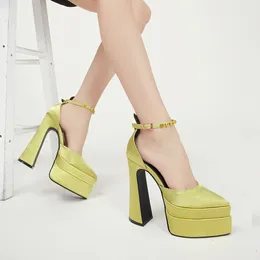 Elbise Ayakkabı Marka Çift Platform Kadın Yüksek Topuklu Ayakkabı Saten Düğün Blok Topuk Serin Sandalet Chaussure Femme Luxe Marque 230830