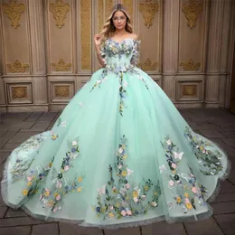 Salbeigrünes, glänzendes Schatz-Prinzessin-Quinceanera-Kleid, schulterfrei, 3D-Applikation, Blumenperlen, Schnürkorsett, Abschlussball ab 15 Jahren