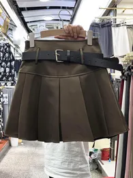 Skirts Korean Preppy Pleated For Women High Waist Belt A-line Ladies Lining Miniskirt Female All-match Skirt Drop