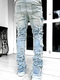 メンズジーンズが苦しんでいるデニムスリムフィットパッチされたストレートレッグストレッチ可能リッピングパンツストリートウェアファッション服230831