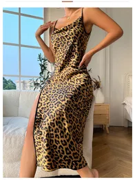 Женская одежда для сонной одежды летнее дышащее шелковое шелковое сексуальное леопардовое принцип Pamas Женщины без спины расколотая подвеска пижама домашняя одежда