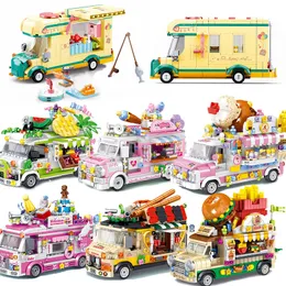 Vehicle Toys Food Ice Cream Truck Van Cart Camper Candy Friends Set Building Mini Block Kits Model Bricks Kids Book City Girls Club Park 230830