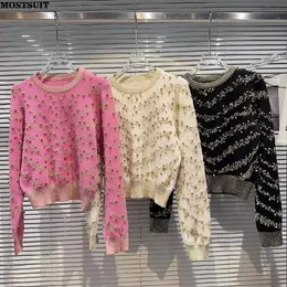 Swetery kobiet z koralikami złoty nici Knit Sweater Pullover Kobiety stylowe eleganckie eleganckie eleganckie topy 2023 Zima zima długi rękaw Skoczki 230831