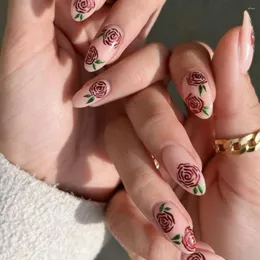 Unhas Falsas FrenchGlitter Manicure Long Amêndoa Vermelha Rosa Dicas Destacáveis Flores Azuis Falso Nials Mulheres