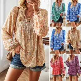 Women's T Shirts Boho Floral Printed Blouses Chic Long Sleeve Tie V Neck Shirt Lantern Botanical Flower Print Cosy Casual Pullover
