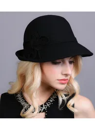 Caps Hats Women Chic Felt Hat female Winter Wool Bucket Bowler Hats Autumn 1920s Vintage Flower Asymmetric Fedora Hat Fashion Female 230831