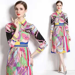 Basic Casual Dresses Long Sleeve Graceful Print Pleated Midi Vacation Dress 2023 Women Designer Lapel Slim Button Up Shirt Party Ballgown 230830