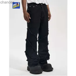 Spiral Frayed Minions FLARED JEANS MEN MOTO BIKER Y2K MENS Jeans Street Wear Pantalones Y2K HOMBRE Black Jeans HKD230829