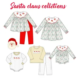 Clothing Sets Baby Boutique Long Sleeve T shirt Set Round Neck Santa Embroidery Green Floral Print Boy Yellow Top Clothes And Lattice Pants 230830