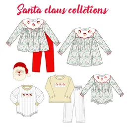 Kläder sätter baby boutique långärmad t -shirt set rund hals santa broderi grön blommig tryck pojke gula toppkläder och gitterbyxor 230830