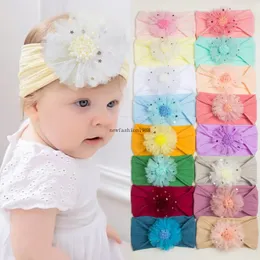Blomma pannband för spädbarn barn barn godis färg mjuk nylon elastisk hårband barn breda huvudkläder flickor hårtillbehör 19 färger
