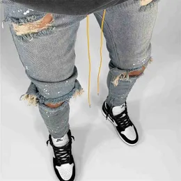 Men Jeans Knee Hole Ripped Stretch Skinny Denim Pants Solid Color Black Blue Autumn Summer Hip-Hop Style Slim Fit Trousers 2022 LST230831