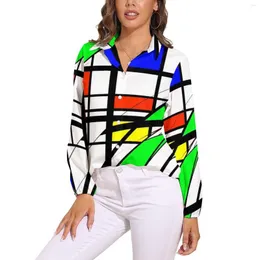 Kadınlar bluzlar de stijl baskı bluzu renkli geometrik vintage tasarım kadın sokak aşınma gömlekleri bahar uzun kollu büyük boy üst