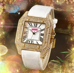 Square Roman Tank Dial Män Kvinnor Titta på äkta läder Ice-Out Bling Hip Hop Lovers Janpan Quartz Movement Full Diamonds Ring Case Lady Boy Man Watches Gifts