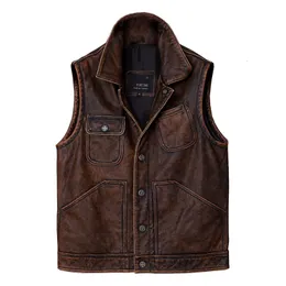 Men's Leather Faux Retro American Workwear Vest a Meiji First Layer Cowhide Spring and Autumn 230831