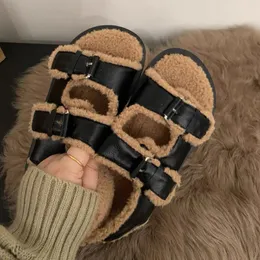 Sandálias Tendência Pele Plataforma Flats Sapatos Open Toe Mulheres Chinelos de Algodão 2023 Slides de Inverno Quente Flip Flops Casual