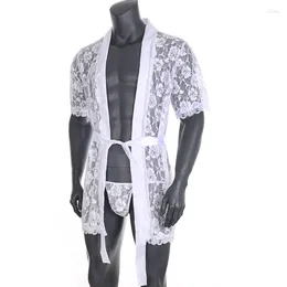 Men's Sleepwear Mens Floral Lace Short Robes Sexy See Through Erotic Nightgown Men Bathrobes Homewear Gay Sissy Pajamas Sleeve