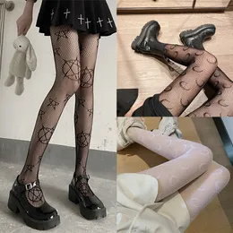 Chaussettes Bonneterie Y2k Dentelle Pentacle Bas Résille pour Femmes Fille Goth Noir Maille Collants Étoile Lune Collants JK Lolita Halloween Jeu de Rôle 230830