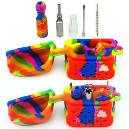 Silicone Smoking Pipes One Hitter Bag Set Kit 6 in 1 Tobacco Tools Nectar Straw with Stainless Nail Tip Portable Pouch Outdoor