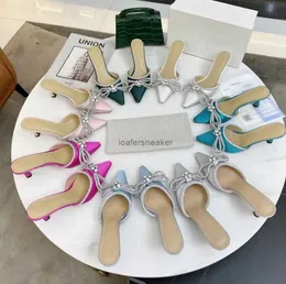 Designers Luxury Dress Shoe Evening Slingback Satin Bow Pumps 6.5cm Crystal-Embellishments Rhinestone Shoes Spool Heels Sandals Women Slipper with tag
