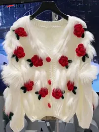 Women's Sweaters High Quality Plush Knitted Sweater Cardigan Faux Fur Coat Female Fall Winter Women Clothes Sweet Rose Flowers Jacket 230831