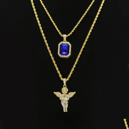 Collane con ciondolo Set di gioielli Hip Hop da uomo Mini Square Ruby Sapphire Fl Crystal Diamond Angel Wings Catena d'oro per uomo Hiphop Drop D Dhbc7