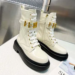 Martin Stiefel Booties Luxus Designer Gold Metall Schnalle Dekoration Rindsleder Niedriger Absatz Schnürung Runde Zehen Reißverschluss Monolith Chelsea mit Frau Motorrad QASDQ