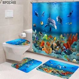 Cortinas de chuveiro 3D Ocean Seabed Animals Toilet Cover Bath Mat Sets Fish Dolphin Imprimir Banheiro Cortina Conjunto Impermeável Tecido Cortinas de Chuveiro 230831