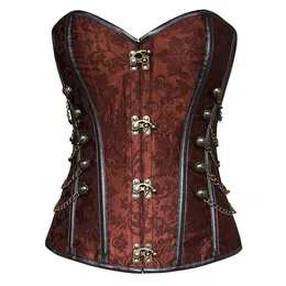 Corsetto disossato in acciaio in ecopelle Steampunk punk gotico con fibbia in broccato da donna con catena Corsetti da allenamento in vita taglie forti S-6X281D