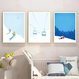 Canvas målning Vintage Ski Snow Mountain Nordic Cable Car Snowboard Poster och skriver ut modern väggkonst Bild vardagsrum sovrum dekor ingen ram wo6