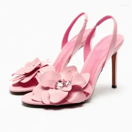 サンダル2023夏3D花の装飾妖精フェアーダイヤモンドレザースリムハイヒール35-42セクシーなパーティーの女性靴