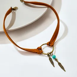 Naszyjnik wisiorek Bohemian Choker boho pióro koralika brązowy skórzany łańcuch Naszyjnik moda dama biżuteria prezent 230831