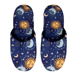 Chinelos Sun Moon Star Algodão Quente para Homens Mulheres Grosso Sola Macia Não-Slip Sapatos Fofos Casa Interior Preto