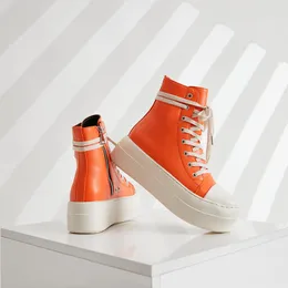 Frauenschuhe, vielseitige Süßigkeitenfarbe, Orange, hohe Top -Schuhe, personalisierte schwarze Serie Dicke Schnürsenkel, trendige Schuhe