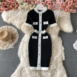 2021 Summer fashion design women's o-neck short sleeve dress color block high waist knitted bodycon pencil vestidos285R