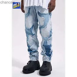 Patchwork Tassel Jeans för män Hip Hop Streetwear Pants for Men Y2K Mens Jeans Distressed Cargo Jeans 2023 Jeans Luxury HKD230829