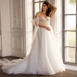 Plus Size Glitter A Line Abiti da sposa Spaghetti Strap Sweetheart Abito da sposa Mantella Strap Tulle Garden Robe de mariage per la sposa