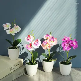 Flores decorativas Mini Artificial Phalaenopsis Bonsai Simulado 3 Flowerheads Planta para Sala de Jantar Desktop Falso Flor Vaso Decoração de Casa