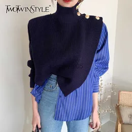 Kadın Sweaters Twotwinstyle Kore Patchwork Baskı Çizgili Kazak Kadınlar için Belktlenek Uzun Kollu Sıradan Sweaters Kadın Moda Kıyafetleri Yeni HKD230831