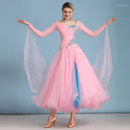 Розовый контрастный цвет с открытыми плечами, бальное платье для соревнований, платье для вальса, одежда для танцев, костюмы для танцев румбы