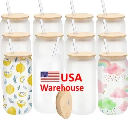 Envío en 12H USA Warehouse Vasos de sublimación de vidrio transparente de 16 oz con tapa de bambú Vasos en blanco fáciles de sublimar DIY para tazas de café helado 16 OZ 831