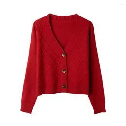 Maglieria da donna XJXKS 2023 Autunno Inverno Scollo a V monopetto Maglioni corti Maglione Cappotto Cardigan Comoda giacca lavorata a maglia di lana