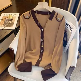 Kadın Sweaters Sonbahar Zarif Moda Ofisi Leydi All Maç Sweater Estetik Kadınlar Kontrast Renk Düğmesi V Boyun Uzun Kollu Slim Suclover 230831