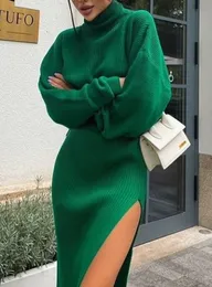 Kvinnors tröjor Knit Turtleneck tröja midi kjol set vinterlös långärmad tröjor sida delade kjolar set damer sexig kostym 230831